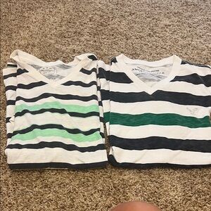 2 Large, American Eagle Outfitters Striped V-Neck Tees - Green and Navy